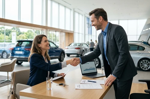 DriveWise lending specialist reviewing a car loan application with a client in a bright modern office